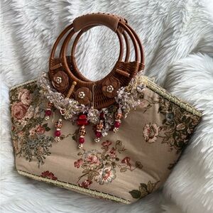 Mary Frances Floral Tote Bag Brown Wicker Handles Beaded Vintage Corduroy